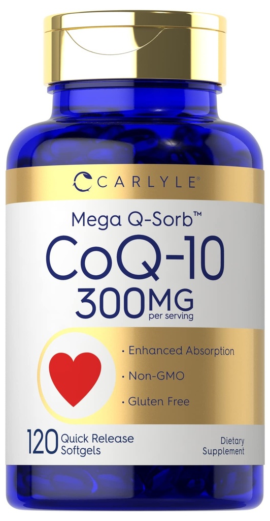 Carlyle CoQ10 300mg < 124; 120 Softgels < 124; Mega Q- Sorb Coensis Q- 10 < 124; z Black Pepper Extract > 124; Non - GMO, Gluten