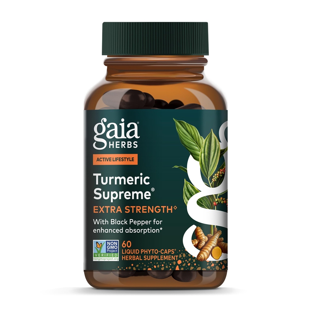 Gaia Herbs Turmeric Supreme Extra Strength - Wspiera okazjonalne zaburzenie komfortu podczas normalnego zużycia & Tear * - z kurkuminą Turmeric & Black Pepper - 60 Vegan Liquid Phyto- kapsułki (do 60- Day Supply)
