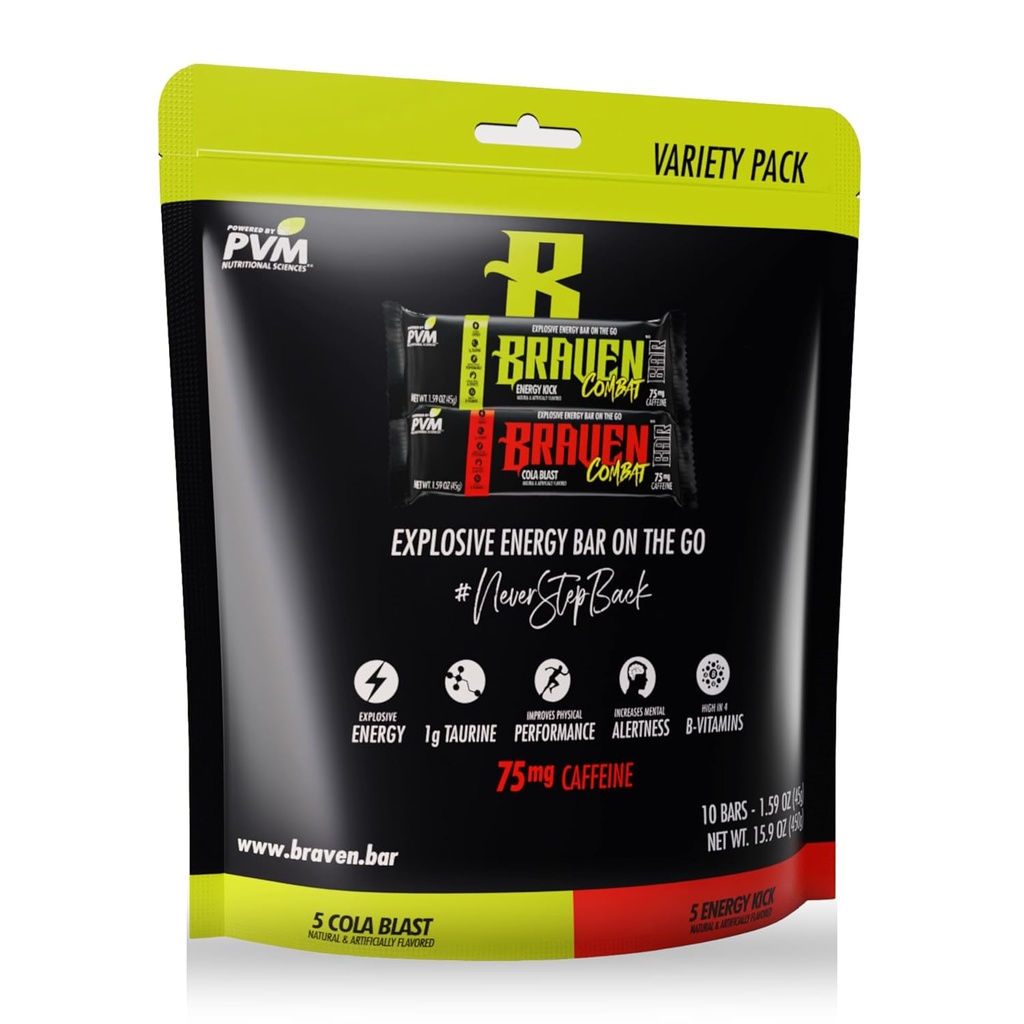 Braven Combat Variety Pack Energy Bars z kofeiną (1.59 oz, Pack of 10) - On- The- Energy Bars z 75 mg kofeiny - Gluten Free Snacks