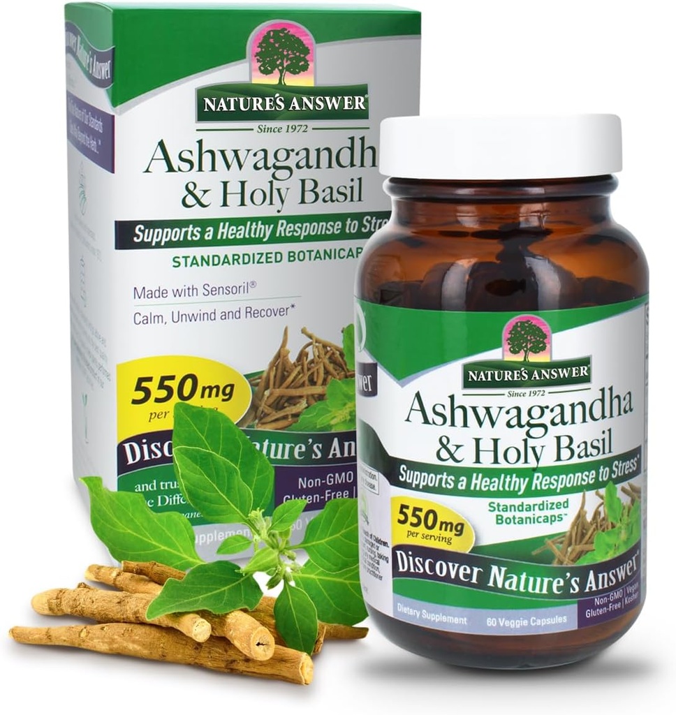 Odpowiedź natury Ashwagandha Root z Holy Basil 60 Kapsułki 124; Wspiera zdrową odpowiedź na stres * 124; Spokój. Relax and Unwind *. 124; Gluten Wolny 124; Non-GMO Wolna 124; Kosher 124; Wegan 124; Wegetarianin