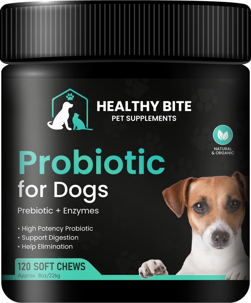 Zdrowe ugryzienie Probiotyk dla psów - Psy Probiotyczne dla Biegunki, Gut Zdrowie i Swędzenie, 6 Różne bakterie, Psy Probiotyczne Chews - Prebiotyczne dla Psów - Made in USA - 120 Count