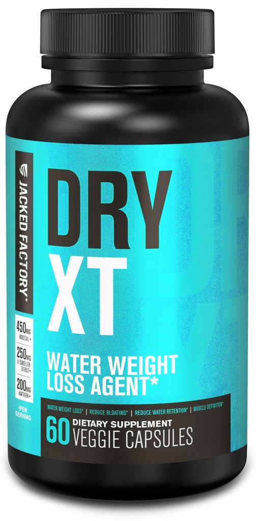 Jacked Factory Dry- XT Diuretic Water Pills - Natural Supplement Equipment 124; Redukuje zatrzymanie wody i wzdęcia 124; Dandelion Root Extract, Potasu, 7 Więcej potężnych składników - 60 Kapsułki Veggie