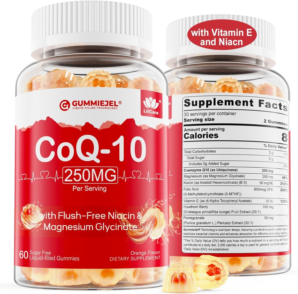 2 Pack - Sugar Free CoQ10 Filled Gummies 250MG, Koenzym Q10 w / Magnezu glicynian, Niacin No- Flush Witamina B3, E & Kwas foliowy, Wysoka Absorpcja CoQ10 dla Heart- t, Energia komórkowa i Przeciwutleniacz