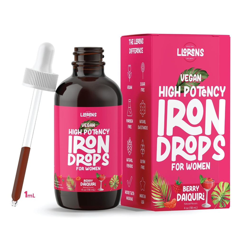 Iron Supplement for Women Iron Drops Daily Support, 20 mg Polysaccharide Complex Free Taste, Naturalne słodziki, Wegan i Paraben Free (Berry Daiquiri, 4 Fl Oz)