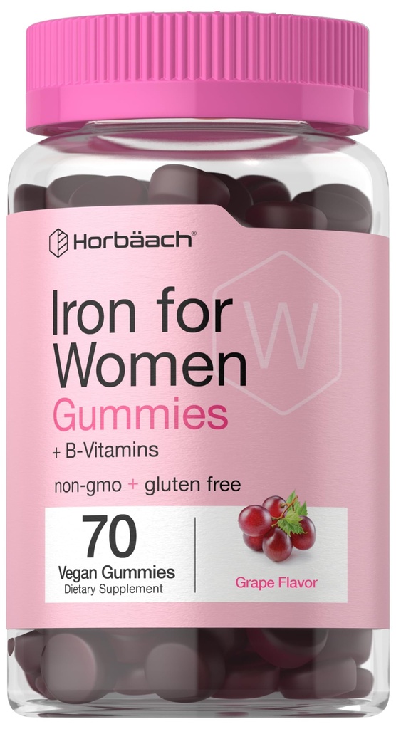 Horbäach Żelazne gumki dla kobiet 124; 70 Hrabia 124; Winogronowe Flavor 124; Suplement z B Witaminy Folate i cynku 124; Wegan, Non-GMO & Gluten Free