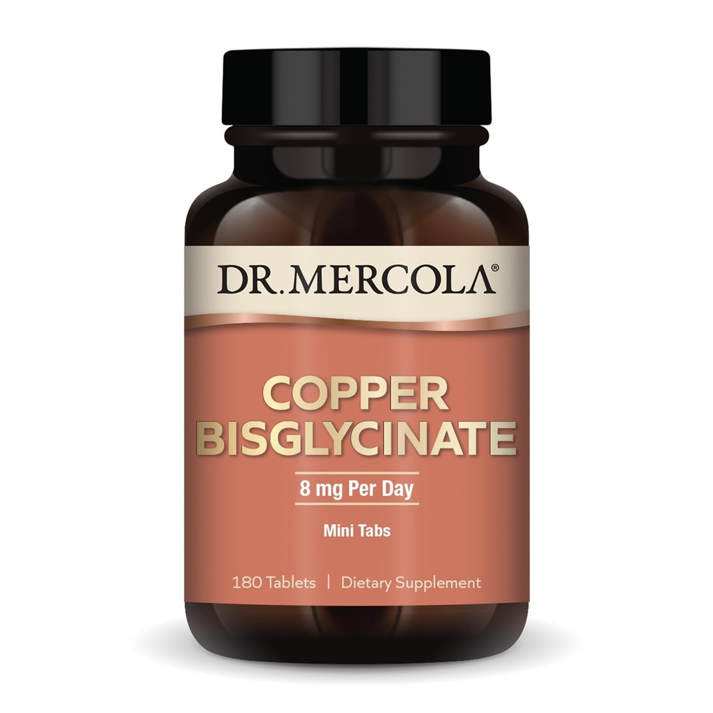 Dr. Mercola Miedź Bisglicinate, 90 Servings (180 tabletek), Suplementy diety, 8 mg na dzień, Mini Tabs, Wspiera ogólne zdrowie, Nie GMO