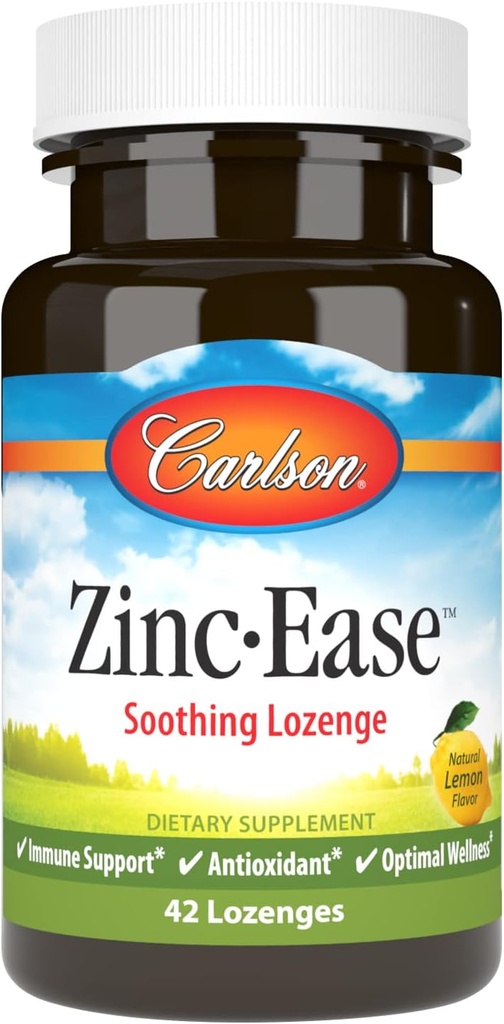 Carlson - Zinc- Ease, Soothing Lozenge, Wsparcie immunologiczne & Optimal Wellness, Przeciwutleniacz, Lemon, 42 Lozenges