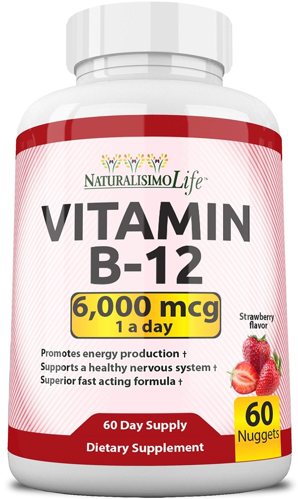 NaturalisoLife Witamina B12 6000 µg - Szybkie rozpuszczanie Truskawki Flavor Nuggets - 60 Nuggets, Non-GMO, Wegan, Gluten Free