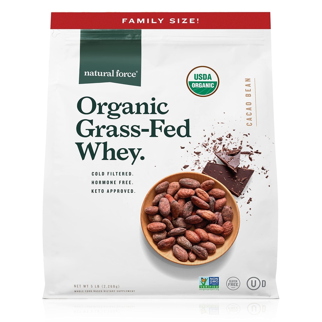 Natural Force Serwatka Protein Powder - Czekolada, 5 funtów - Grass Fed Organic, Czysty, Keto & Paleo Friendly, Niskie węglowodany, Kosher, Nie GMO - Proteiny rodziny A2