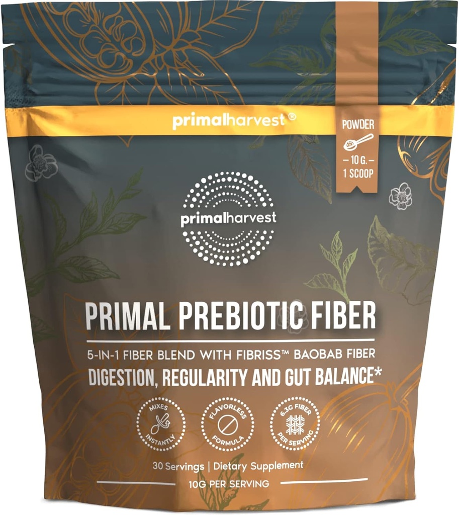 Pierwotne Żniwa Prebiotyczny Proszek Fiber Unflavored, 30 Servings 5 in 1 Daily Supplement with Organic Acacia and Fibriss Organic Baobab Powder.