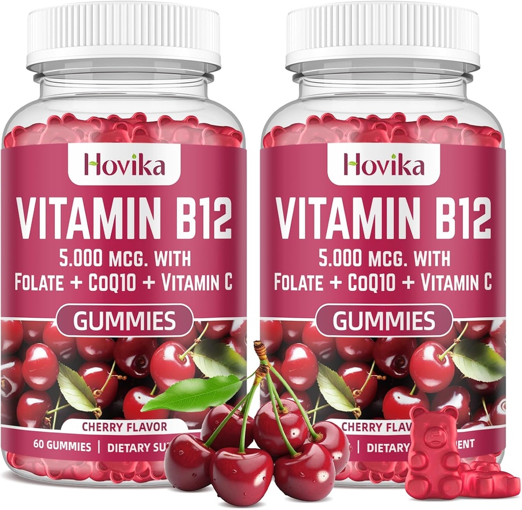 Witamina B12 Kompleks 5000 µg metylu B12, Adenosyl B12 & Hydroxy B12, z koenzymem Q10, folianem, Witaminą C, Żużel B 12 do wspomagania energii, Metabolizm, Zdrowie Kości - Cherry Flavor, 2 opakowania