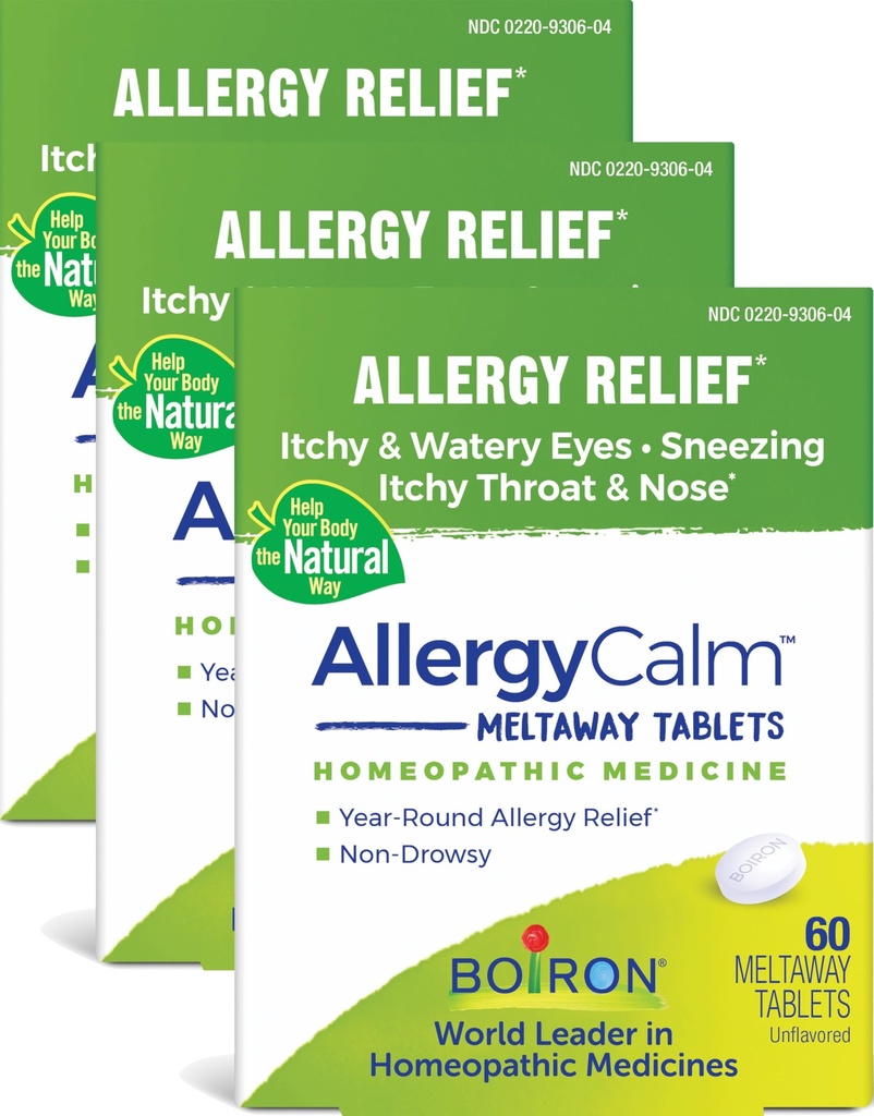 Boiron AllergyCalm Tablets 180 Count, Relief from Allergies and Hay Fever Symptom of Sneezing, Runny Nose, and Itchy Eyes or Throat, Allergy Calm Tabs (Formerly RhinAllergy) (Opakowanie po 3 60ct Pudełka)