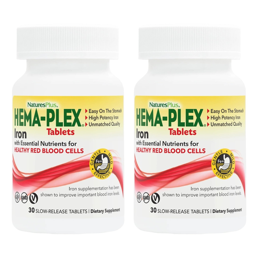 NaturesPlus Hema- Plex Żelazo - 30 Tabletki uwalniające śliny, Opakowanie 2 - Total Blood Health - 85 mg Żelazo chelatowane - z witaminą C & Bioflavonoids - Nie GMO, Wegetarianin & Gluten Free - 60 Sługi ogółem