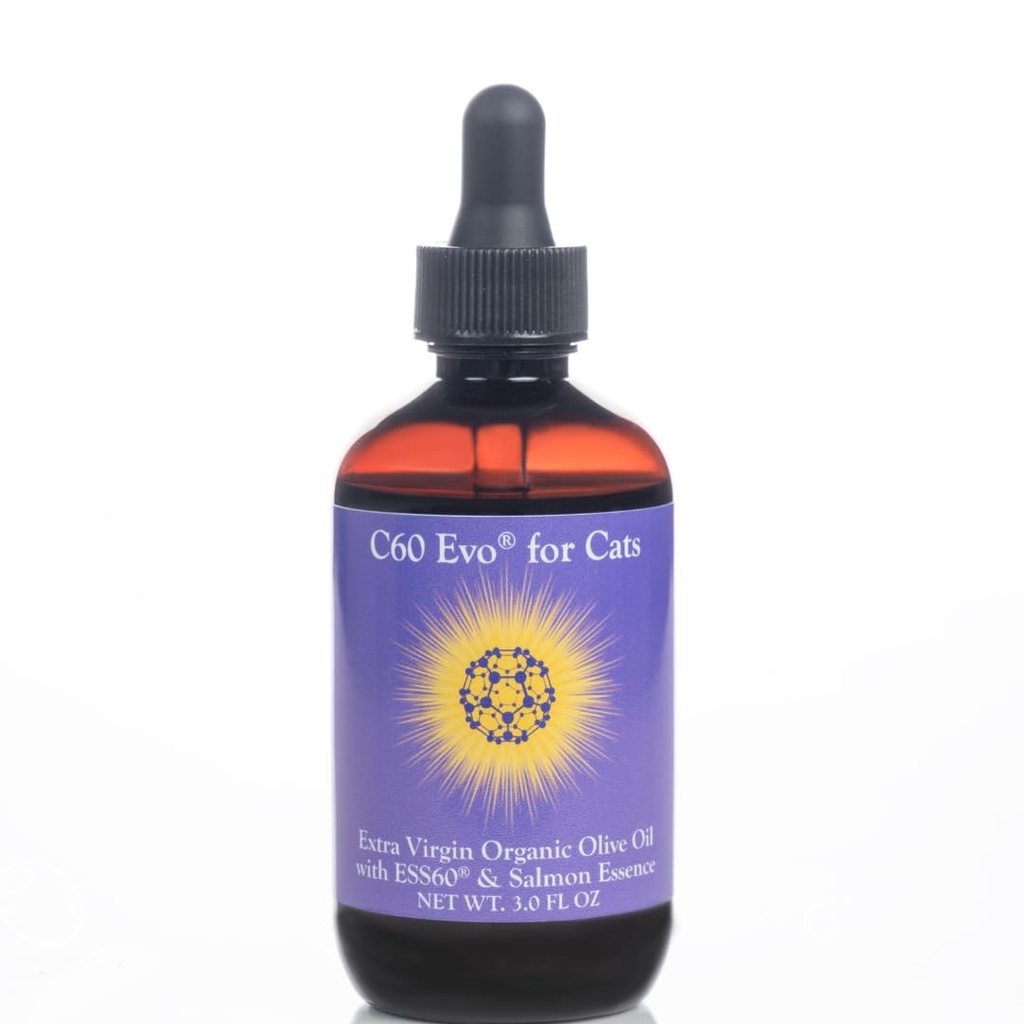 ESS60 Oliwa z oliwek dla kotów - organiczna oliwa z oliwek z pierwszego tłoczenia, czysta C60 ESS60 (0,8 mg / ml) i naturalna esencja łososia do wspierania elastyczności, energii, odporności, długowieczności kotów - 3 oz