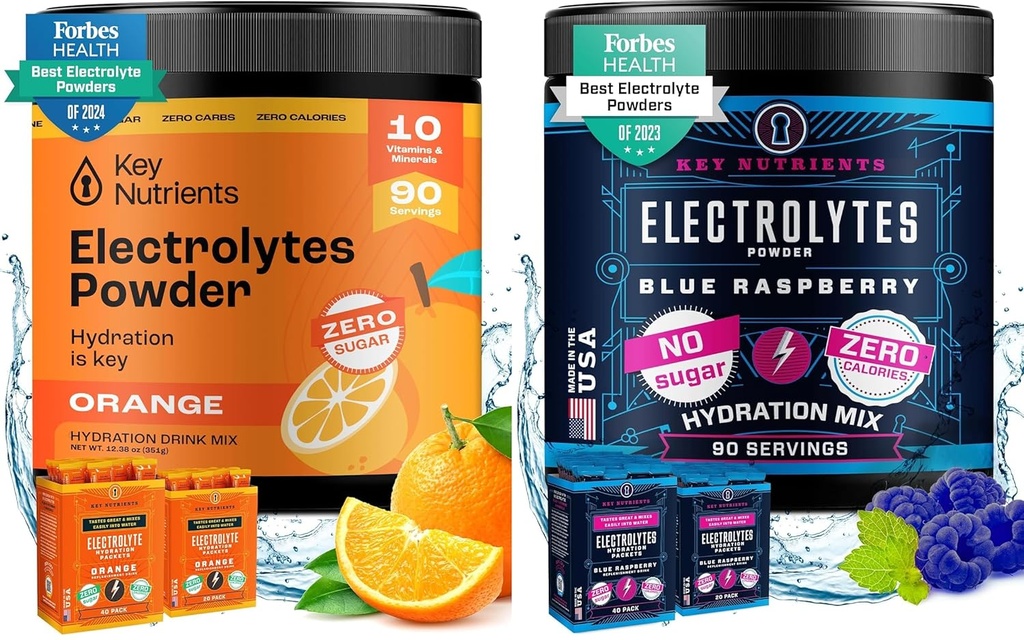 KLUCZOWE NUTRIENTY Multiwitamina Electrolytes Powder Bundle - Tangy Orange & Sweet Blue Raspberry - No Sugar, No Calories - Hydration, Endurance, and Energy Supplement - 90 Sług Każdy - Made in USA