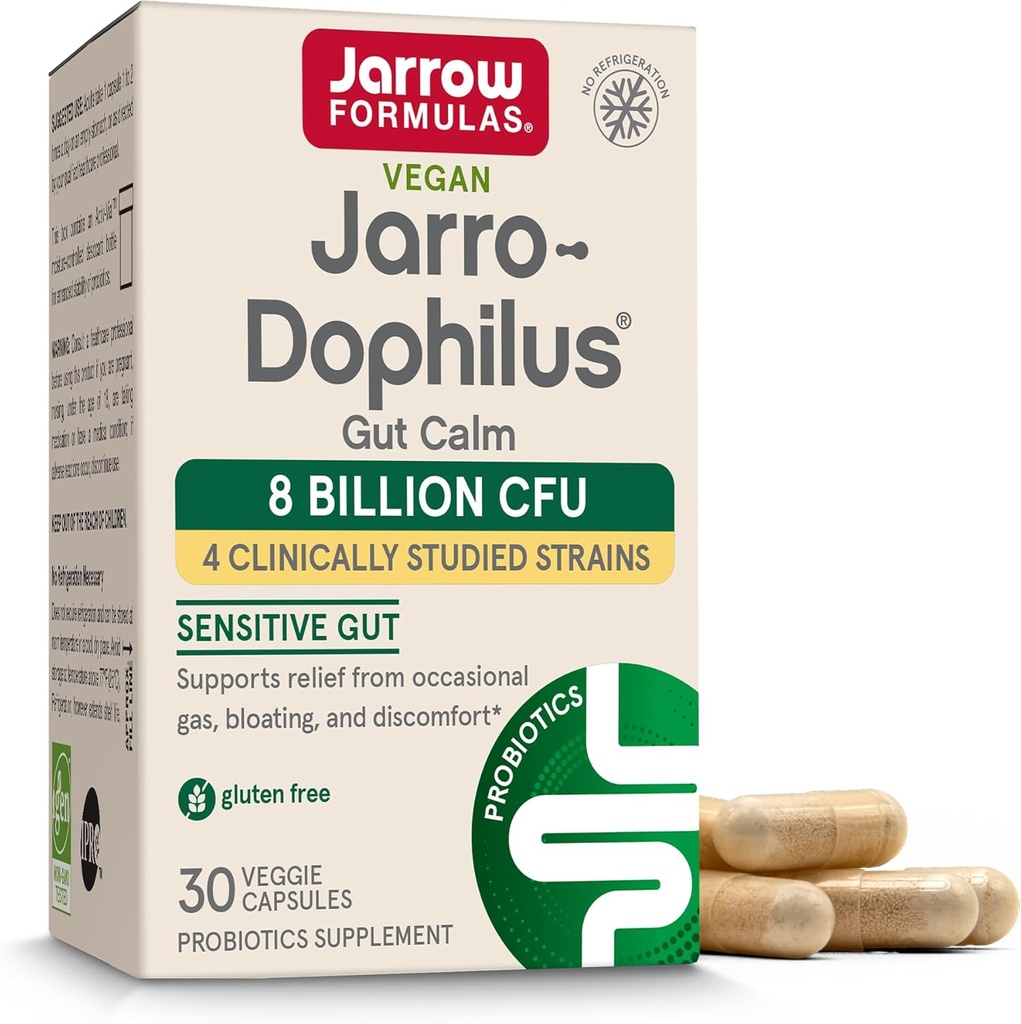 Jarrow Formulas ® Jarro- Dophilus ® Gut Calm Probiotic, 8 Miliard CFU Suplement dla zdrowia trawiennego, 30 Opóźnione uwolnienie kapsułki, 30 Day Supply
