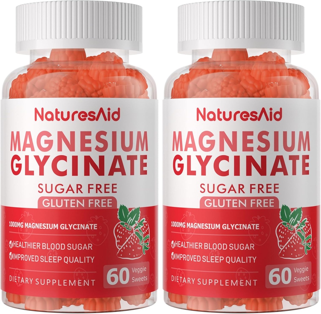 Glucynian magnezu Gummies 1000mg - Suplement potasu bez cukru Magnezu z witaminą D, B6, CoQ10 dla uspokojenia nastrojów i wsparcia snu - 120 Gummies truskawkowe -2 Pack