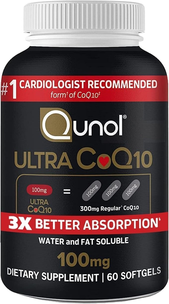 Qunol Ultra CoQ10 100mg 3X Lepsza absorpcja Opatentowana woda i tłuszcz Rozpuszczalny Forma Naturalnego Suplementu Koenzym Q10 Przeciwutleniacz do opakowań zdrowia serca Softgels, 120 Count