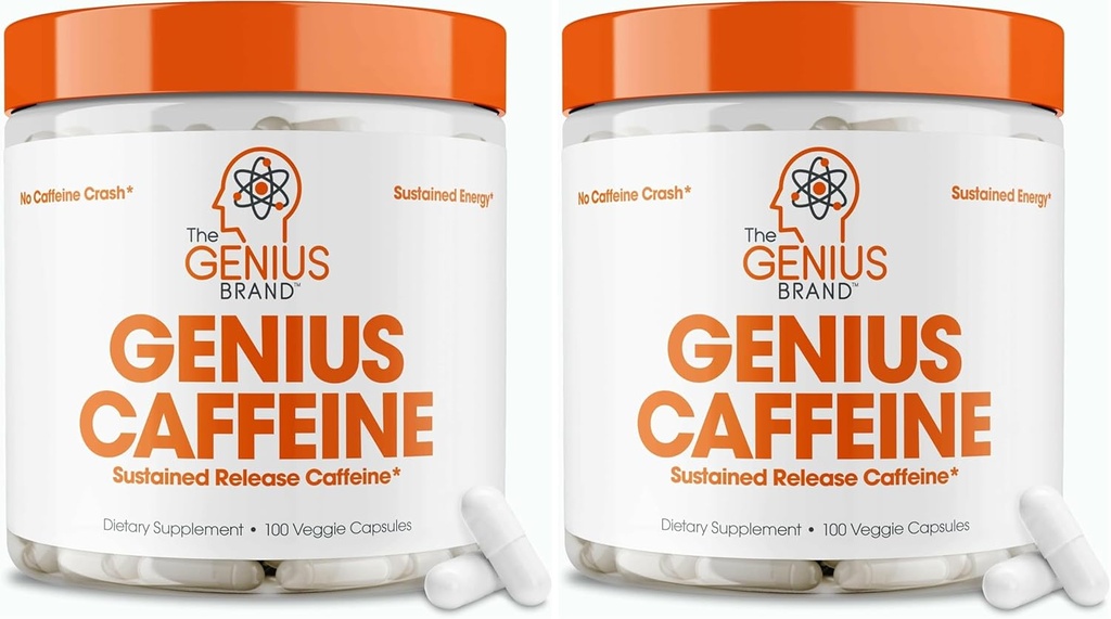 Genius Kofeina Pigułki 100mg, Extended- Release Microencapsulated Kofeina Pigułki - All- Naturalne non-Crash Trwała energia, Focus & Concentration Supplement - Nootropic Brain Booster - 100 Kapsułki