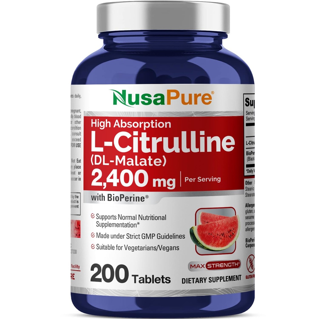 NusaPure L- Citrulline 2,400mg 200 Tabletki wegetariańskie (Non-GMO, Gluten Free, 100- Day Supply, Bioperine)