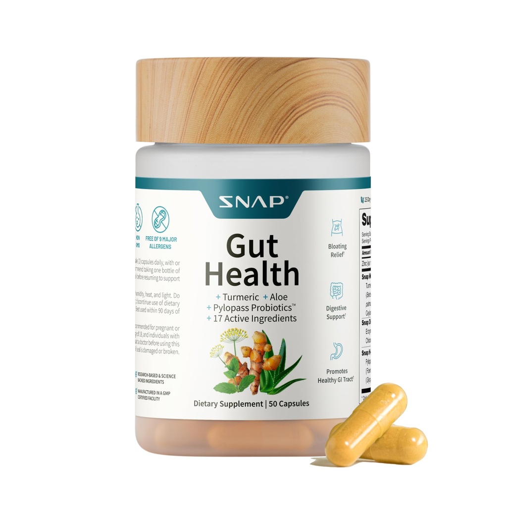 SNAP Gut Health Supplement - Kurkuma, Aloe & Pylopass Probiotyka - 17 Aktywne składniki do Bloating Relief, Digestive Support & Healthy GI Tract - Suplement diety, 50 Kapsułki