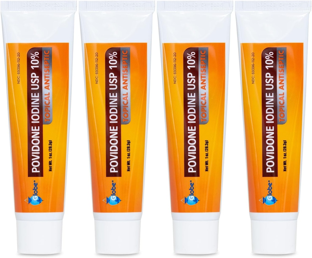 Globe (4 paczki) Powidon jodu 10% Maść pierwszej pomocy 1 Oz, for Cuts Scrapes Burns (Porównaj z Betadine)