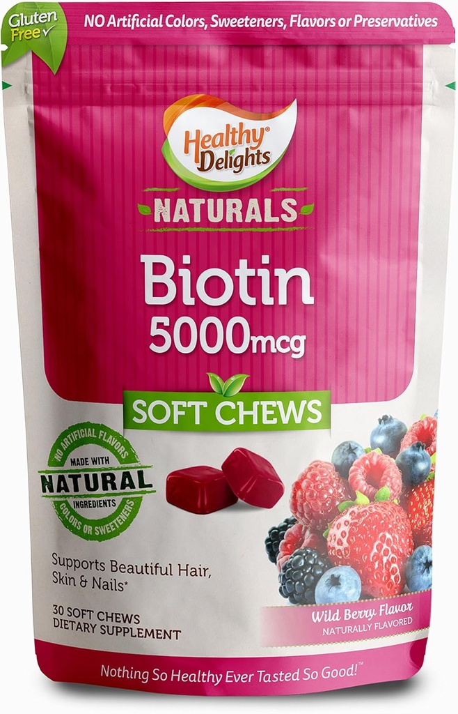 Zdrowe przysmaki Naturals, Biotin Soft Chews, Włosy lustrowe, Świecące skóry i silne paznokcie, Pyszne Wild Berry Flavor, 30 Hrabia
