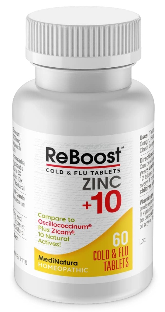 MediNatura ReBoost Cynk + 10 MAX Cold & Flu Symptom Relief Fast- Acting, Non-Drowsy Natural Soothing Homeopatic Pomaga Relieve Whole Body Discomfort, Kaszel, Zmęczenie, Zatory - Lemon - 60 Tabletki
