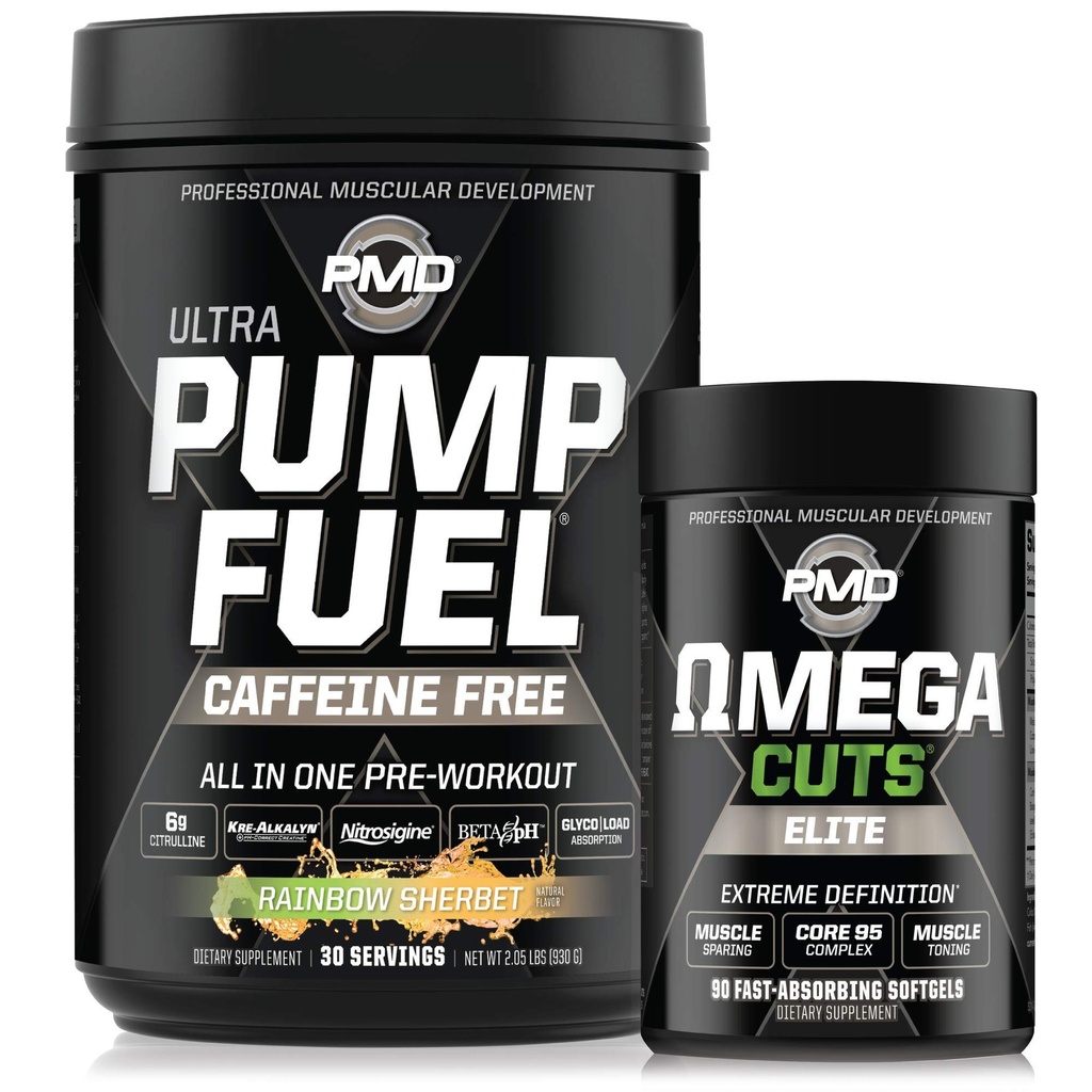 PMD Sports Ultra Pompa Kofeina paliwa - Pre Workout - Rainbow Sherbet (30 Servings) Sports Omega Cuts Elite Termogeniczne spalanie tłuszczu (90 Softgels)