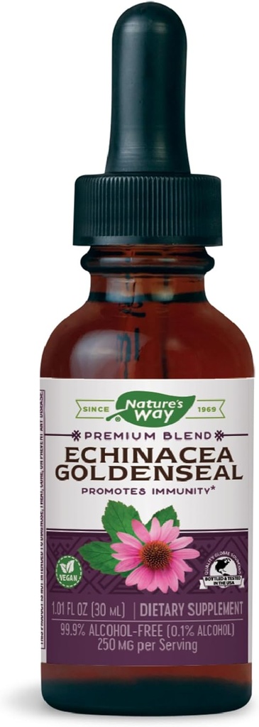 Natural 's Way Premium Formula Echinacea- Goldenseal, 250 mg na porcję, 99,9% bez alkoholu, 1,01 Oz.