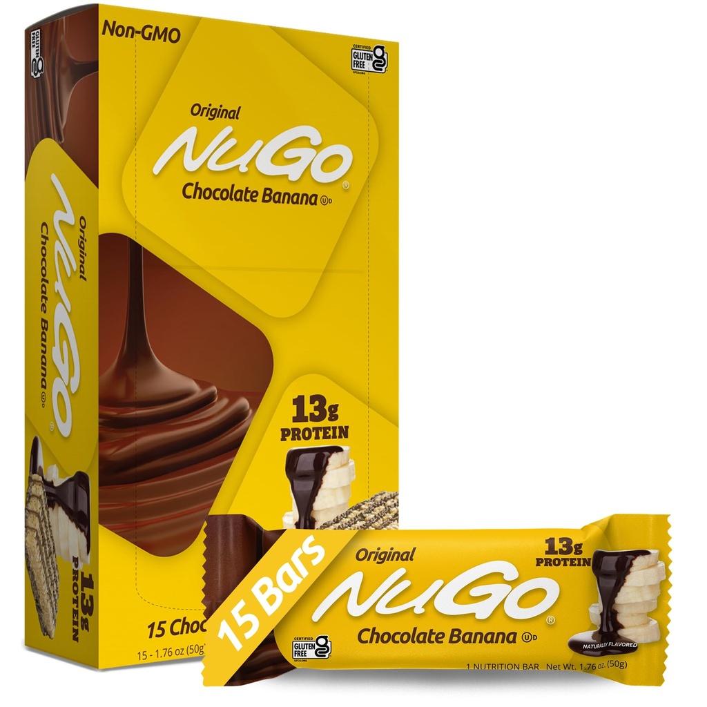 NuGo Protein Bar, Czekoladowy Banan, 13g Protein, Gluten Free, 15 Hrabia