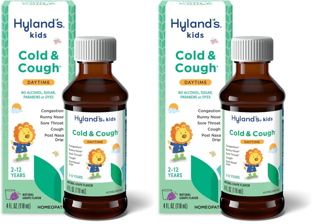 Hyland 's Naturals Kids Cold & Cough, Daytime Grape Flavor Syrop dla dzieci w wieku 2 +, Decongestant, Sore Throat & Allergy Relief, Natural Treatment for Common Cold Symples, 4 Fl Oz