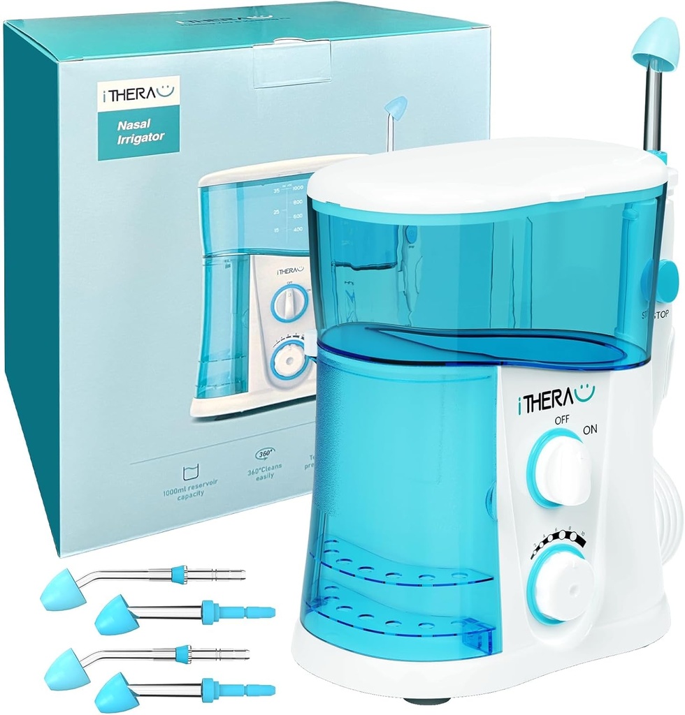 iTHERAU Nasal Irrigator Sinus Rinse Bundle, Silny czyściciel nosa dla Sinus Relief 4 Porady czyszczenia nosa z 40 SaltPods