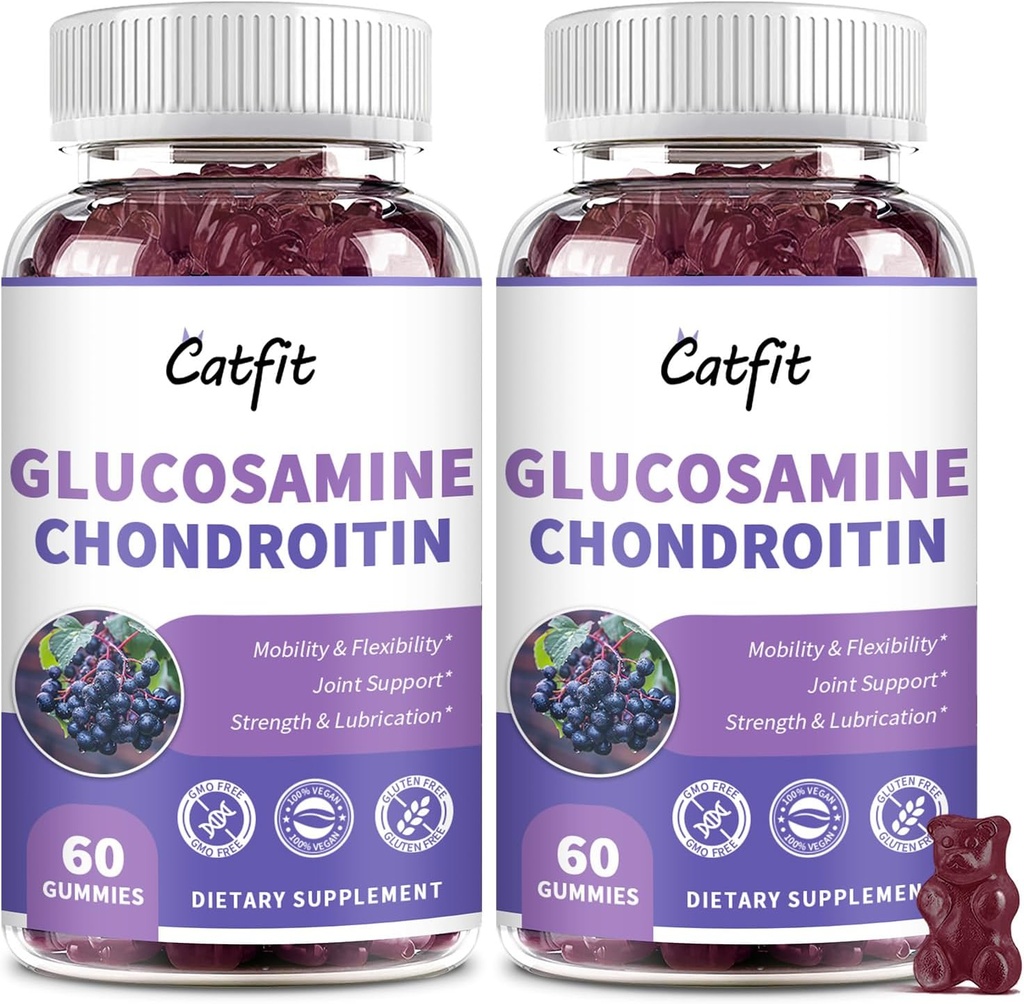 Catfit Glukozamina Chondroitin Gummies, Extra Siła Joint Health Support Supplement with MSM & Elderberry, Antyoksydant Immune Supplement Supplement for Adult Men & Women (2 Pack)