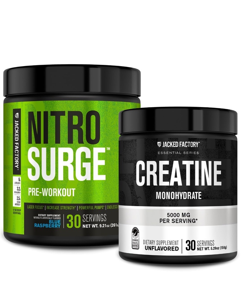 Jacked Factory NITROSURGE suplement do ćwiczeń (niebieska malina) Kreatywny jednowodny proszek 150g do wzrostu mięśni, zwiększona siła, zwiększona energia