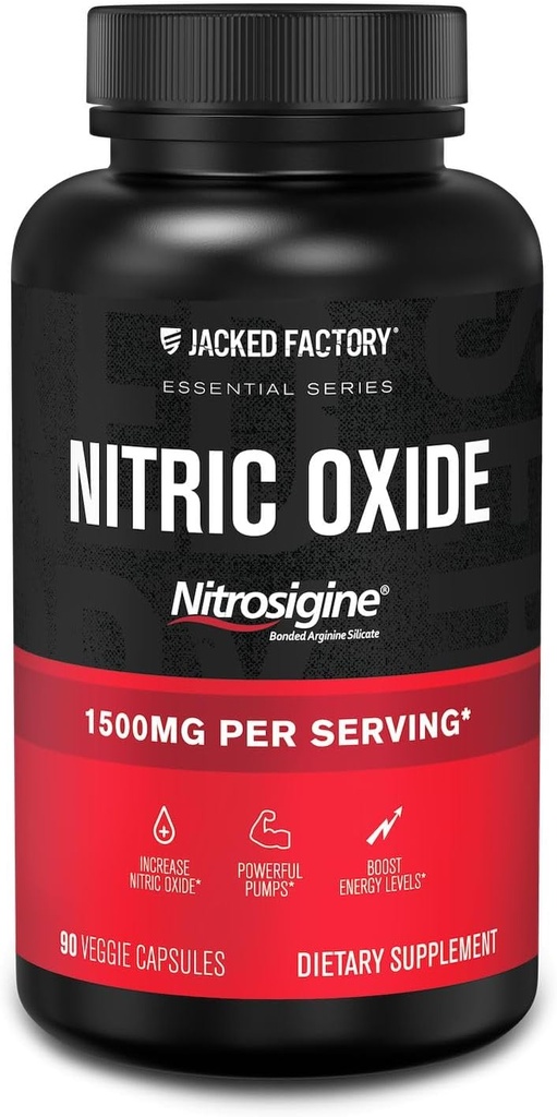 Jacked Factory Essentials Nitric Oxide Booster - Opatentowany wiązany krzemian L- argininy 1500mg Prepracct Supplement for Muscle Growth, Pomps, Vascularity and Energy - 90 Veggie Pills