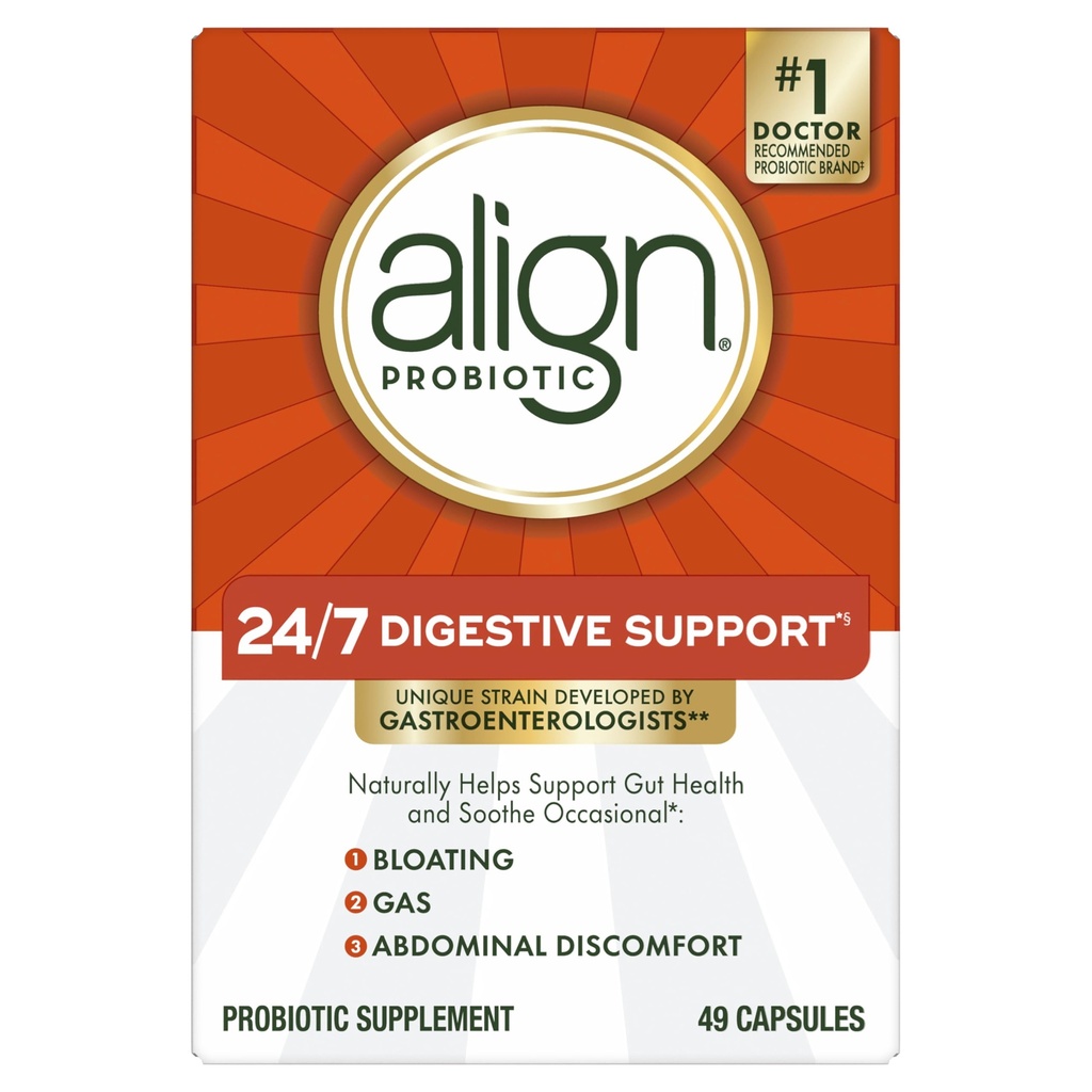 Align Probiotic, 24/7 Digestive Support*§, Probiotics for Women and Men, Probiotics for Digestive Health, Men and Womens Probiotic Capsules Help Relieve Occasional Bloating & Gas*, 49 Capsules