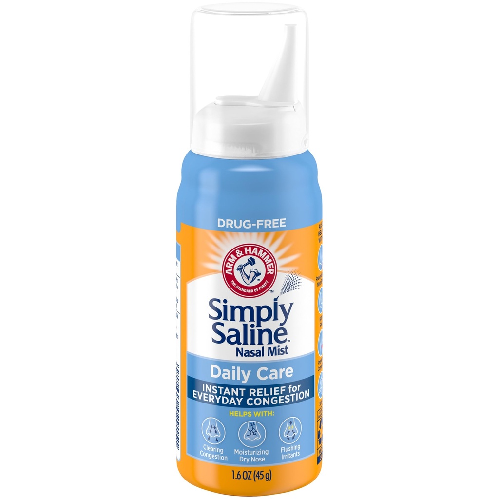 ARM & HAMMER Po prostu Sól codzienna pielęgnacja nosa Mist, Non-Drowsy bez narkotyków Saline Spray do natychmiastowych zatorów nosowych i ulgi alergii, Używać tak często jak potrzebne, Nadaje się do stosowania w ciąży, 1.6 oz