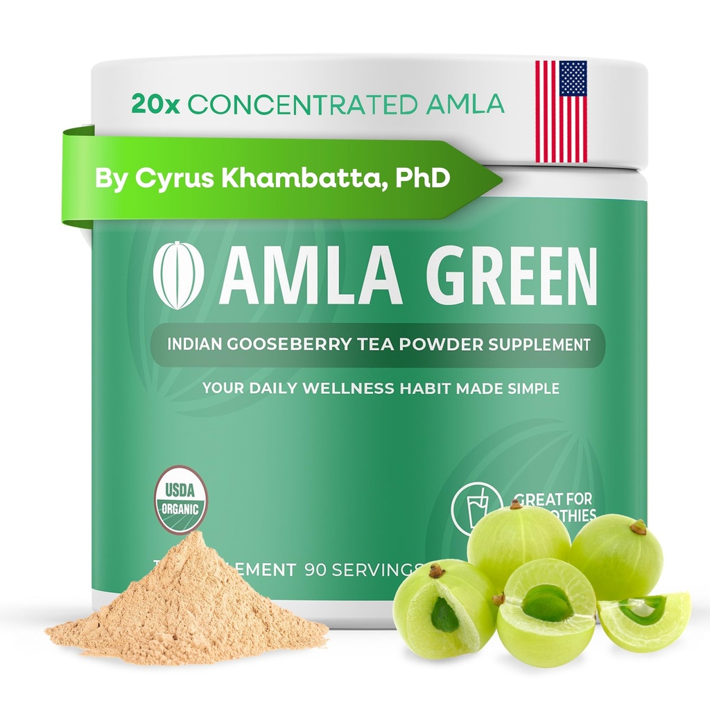 Amla Powder & Green Tea Superfood Supplement, 20x Ultra skoncentrowana Amla, Wsparcie przeciwutleniacze, Made with Oolong Tea and Indian Gooseberries, Organic, Wegan, Classic Flavor, 90 Słupki