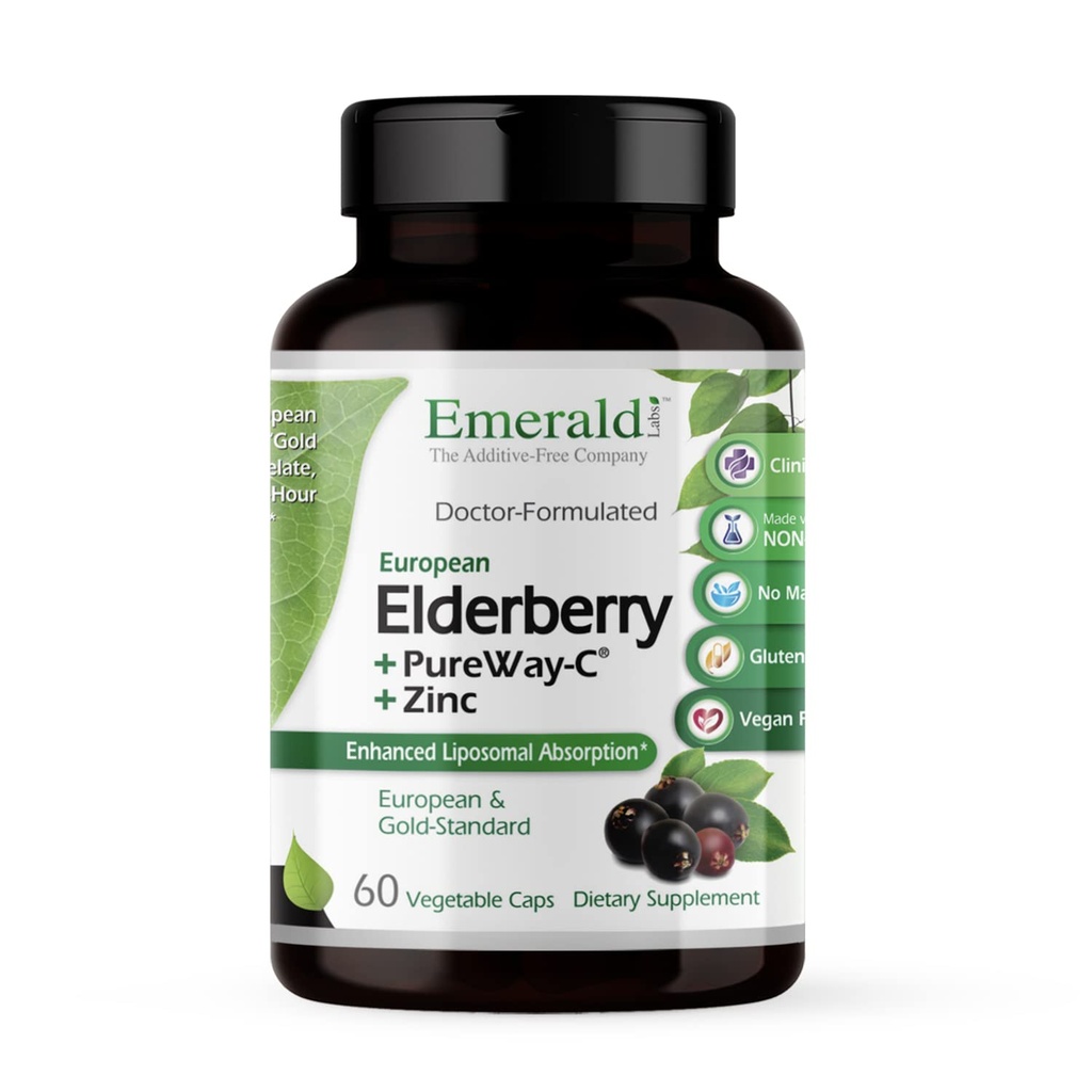 EMRALD LABS Elderberry Plus - Digestive & Immune Support with European Elderberry Extract, Witamina C jako PureWay- C & Albion Chelated Zinc - Vegan & Gluten- Free - 60 Kapsułki warzyw (30- Day Supply)