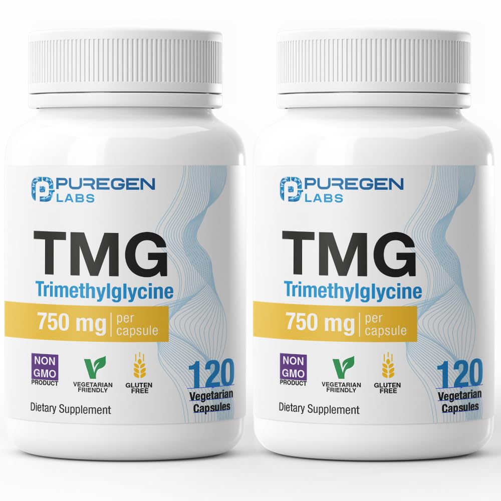 Puregen Labs TMG 750 mg - [Wysoka potencja] Suplement trimetyloglicyny - Zachęca do zdrowego poziomu homocysteiny, Non-GMO, NO gluten i mleczarnia 124; Made in USA - 2 Pack - Razem 240 Kapsułki wegetariańskie