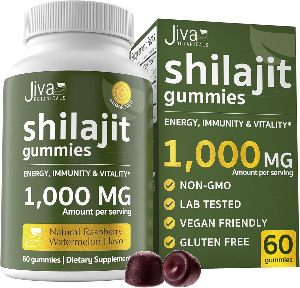 Jiva Botanicals Pure Shilajit z The Himalayas Gummies for Men & Women - Shilajit Gummies 1000mg for Healthy Aging, Immune System & Normal Energy Support - Bez cukru, Wegan, 60 Count (Pack of 1)