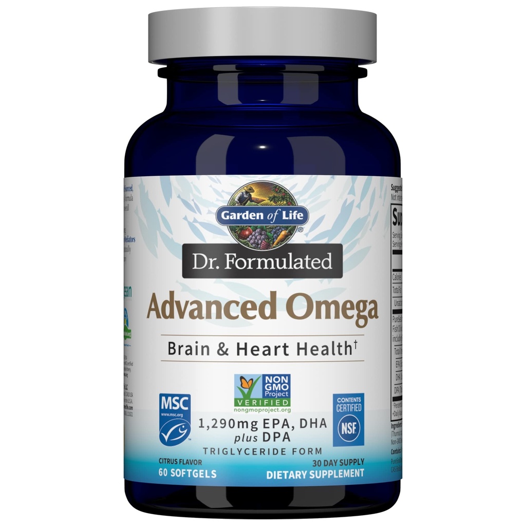 Ogród Życia Dr Utworzony Zaawansowany Omega Fish Oil - Lemon, 1,290mg EPA, DHA + DPA w formie triglicerydów, Single Source Omega 3 Suplement do Ultimate Brain & Heart Health, Non-GMO, 60 Softgels