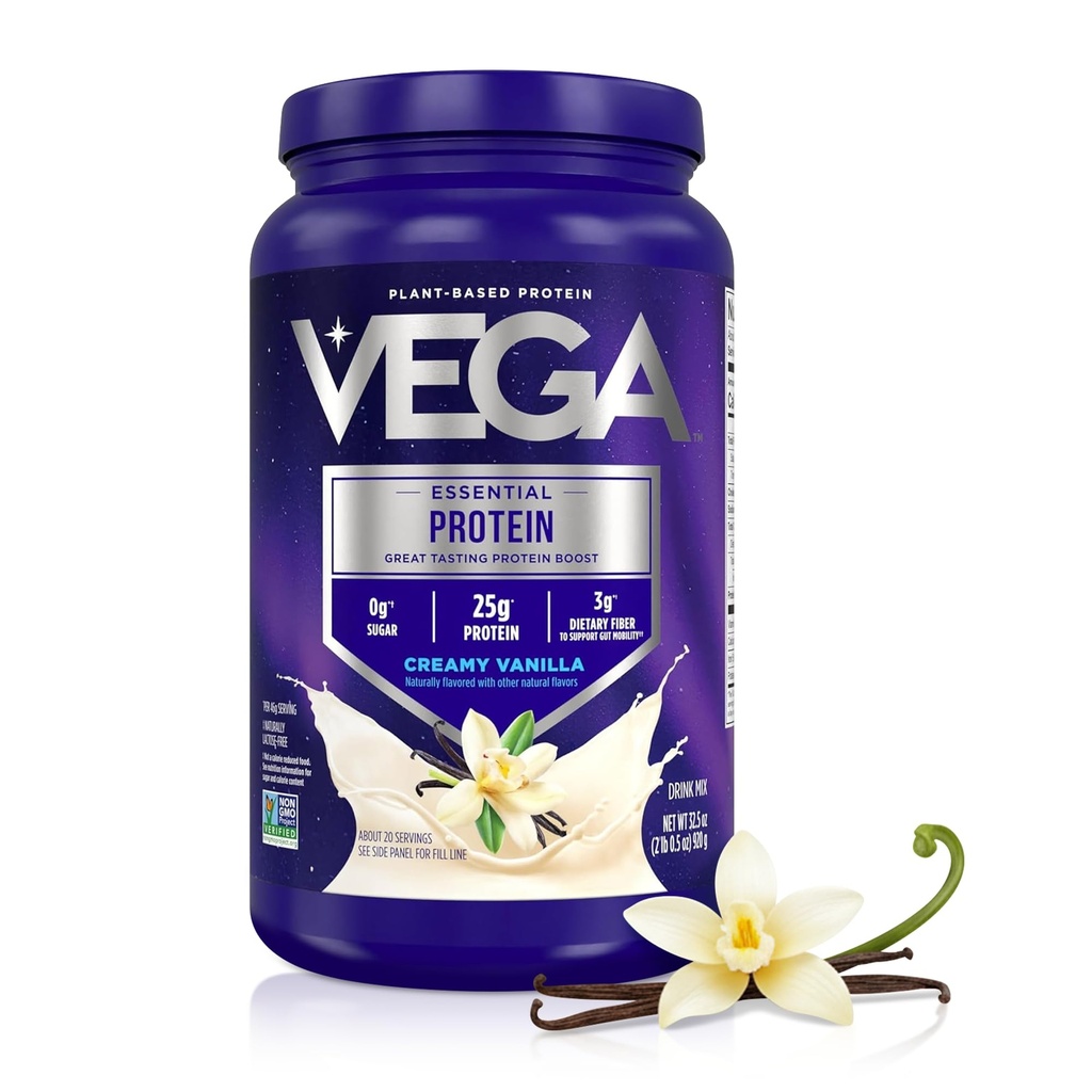 Vega Oryginalny białko podstawowe - 25g Białko oparte na plantacji, Creamy Vanilla, 20 Słupki, Wegan Non-GMO Drink Mix, Smoothie & Shake Ready, Gluten Free, Dairy Free, 32.5oz (Packaging May Vary)