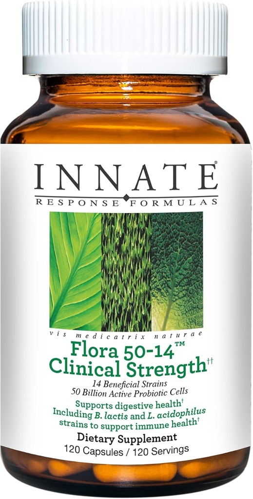 Innate Response Applicas Flora 50- 14 Siła kliniczna - Suplement probiotyczny z 50 Miliard CFU - 14 Cieśniny probiotyczne - Wegetariańskie i Non-GMO - Made Without 9 Allergens żywności - 120 Kapsułki
