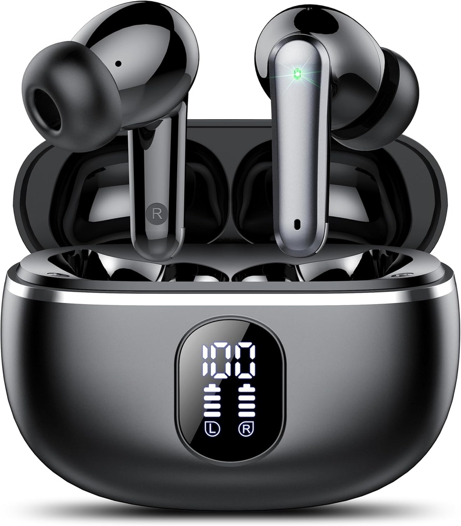 Wireless Earbuds, Bluetooth 5.3 Słuchawki słuchawki Big Bass Stereo, Słuchawki z dźwiękiem Anulowanie Mic LED Display, w Earphone Uszy IP7 Waterproof, 50H Playtime for Sports, Czarny