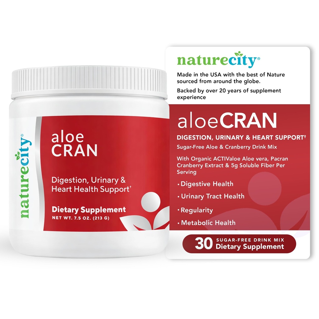 NatureCity AloeCran - Pure Aloe Vera Mieszanka z dodatkiem proszku żurawinowego - Bezcukrowy Fiber Combo Mix for Digestive and Urnary Health - Gut & Metabolic Health Support - 30 Dni Dostawy