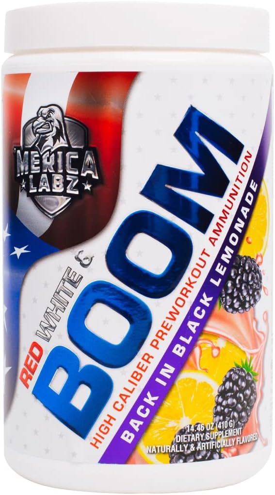 'Merica Labz Red, White, and Boom, High Caliber pre Workout z VasoDrive- AP ®, 350mg kofeiny, Max Energy, Pompa i Focus, Zwiększony przepływ krwi i mięśni Volume, 20 Sług (Powrót w czarnej lemoniady)