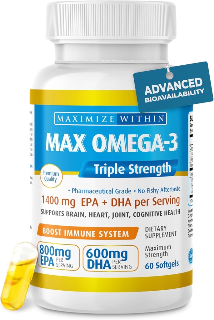 Maksimum Slim Max Omega 3 Fish Oil Pills - Triple Strength Fish Oil Supplement (2000 mg Total Omega 3 Fatty Acids: 600mg DHA + 800 mg EPA per Serving)