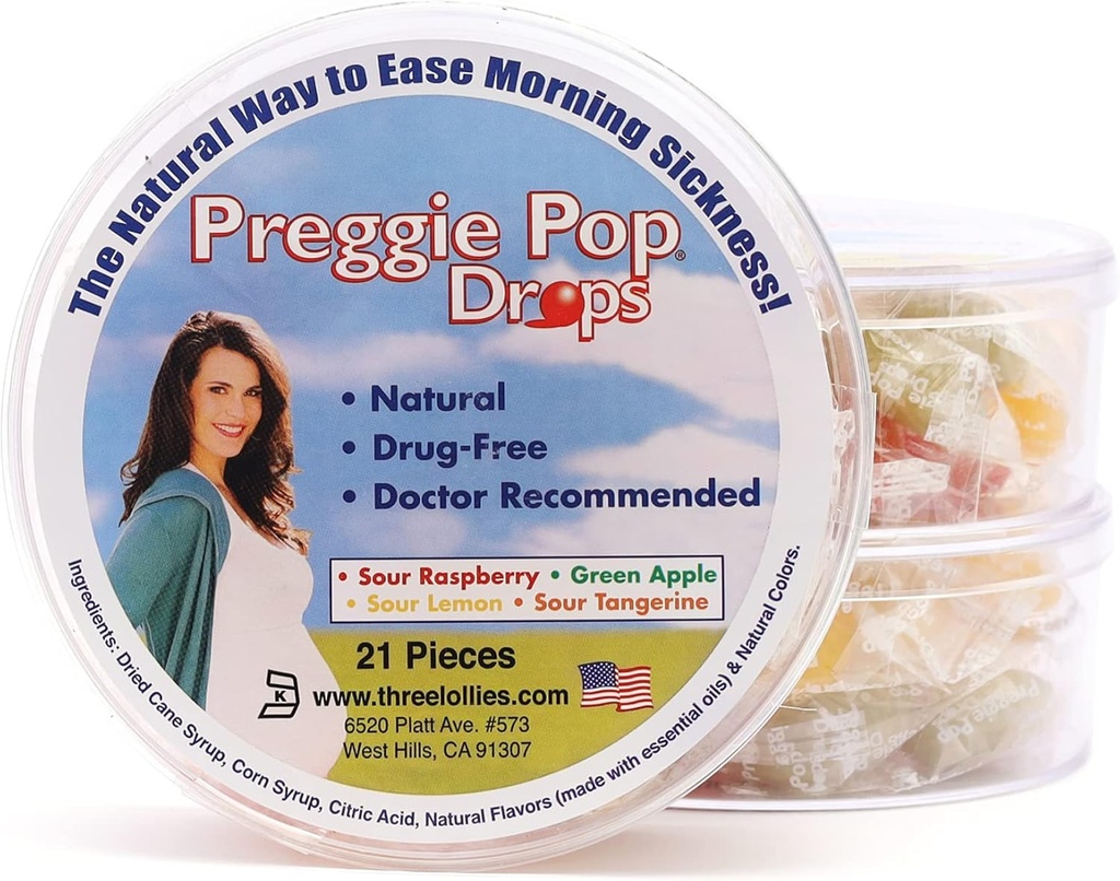 Preggie Pop Drops - pomaga porannej choroby w czasie ciąży (3 pack, 63 count) - Z olejków eterycznych, sejf dla matki i dziecka w ciąży, Gluten Free - Lemon, Malina, Zielone jabłko, Tangerine